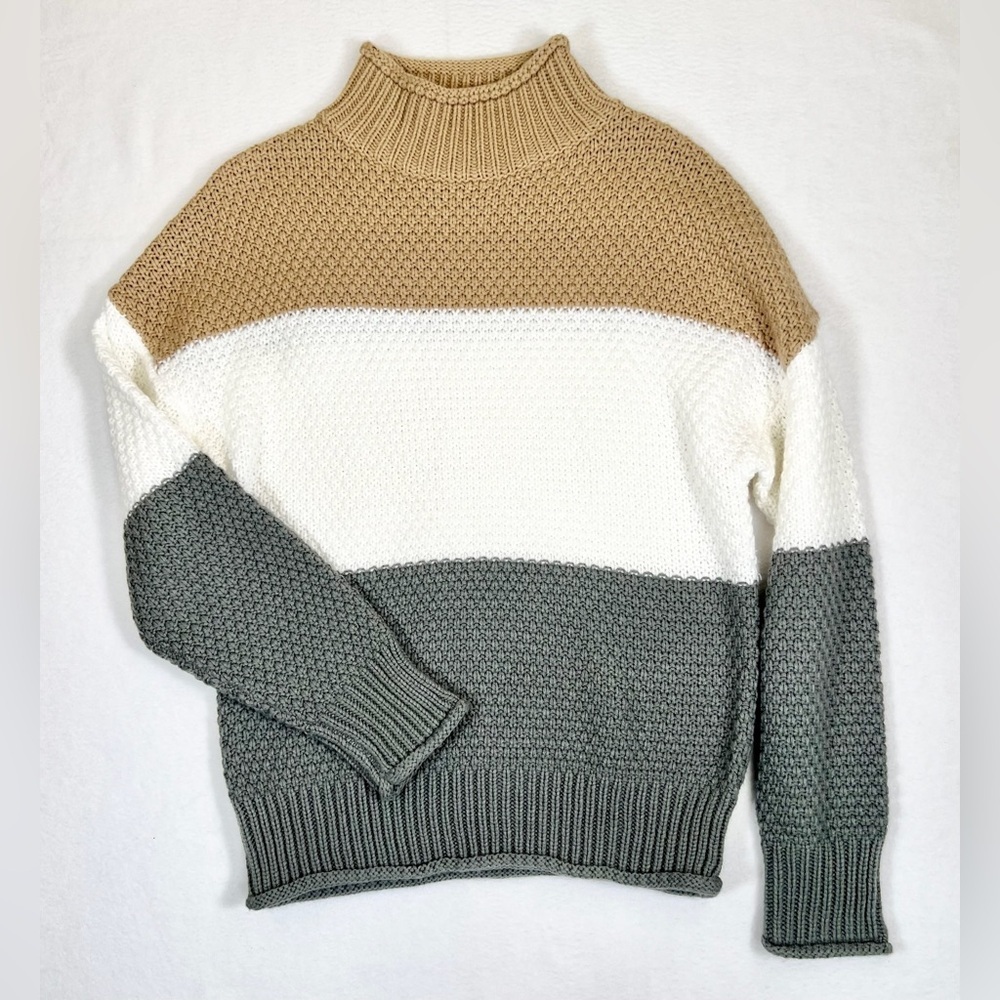 NWOT TECREW Women’s Chunky Knit Colorblock Mock Neck Sweater Cozy Fall Size‎ S